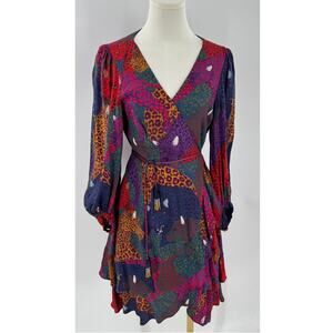 Farm Rio Rainbow Jaguar Leopard Wrap Dress Ruffle Tassel M